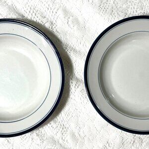 RANMARU Japan “Blue Simplicity” Rim Soup Bowl-Set of 2, Blue Bands, Haniwa Stone